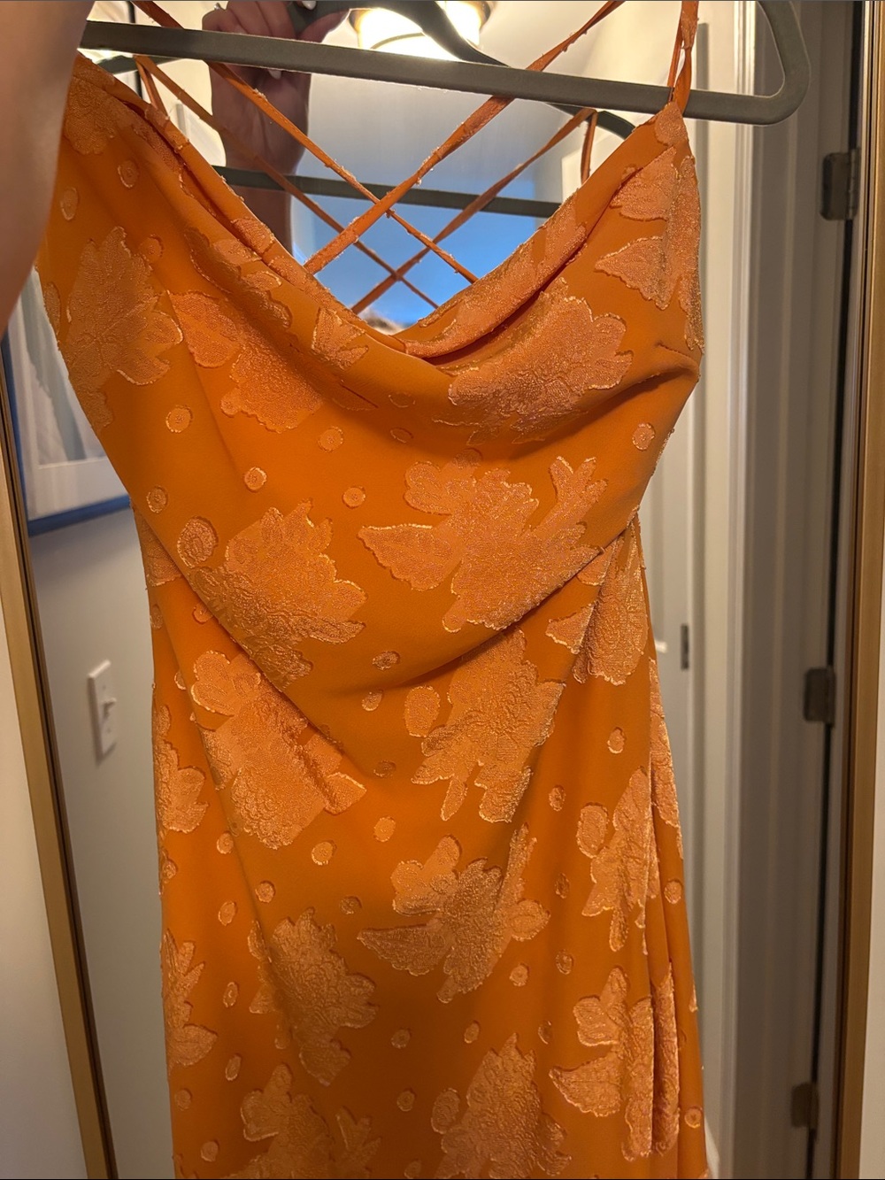 Creamsicle Orange Cowl-Neck Midi Dress with Floral Jacquard - Picture 5 of 5
